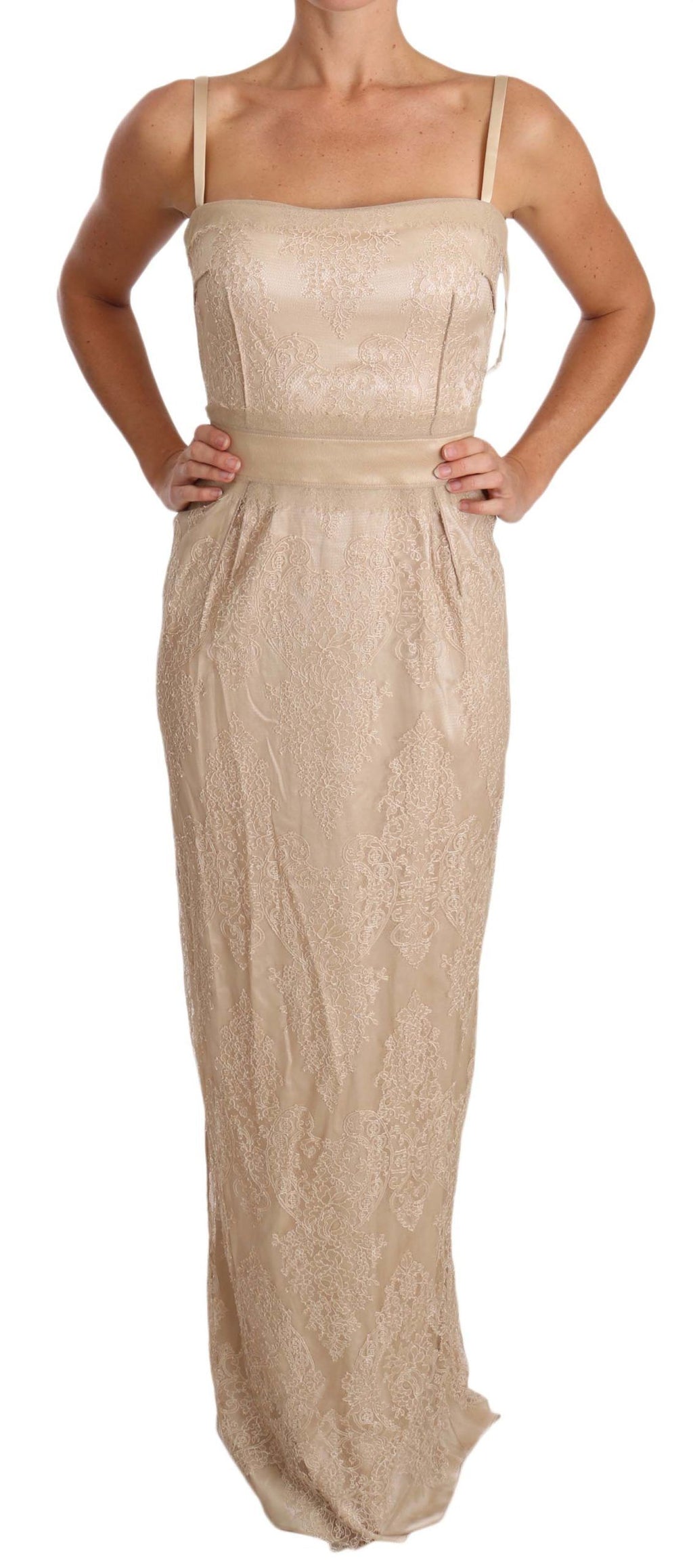Dolce & Gabbana - Beige Lace Spaghetti Strap Sheath Dress