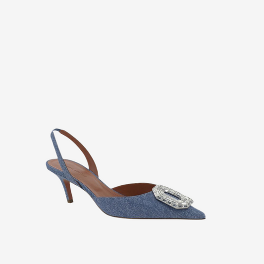 Amina Muaddi – Camelia 60 Printed Denim Slingback Pumps
