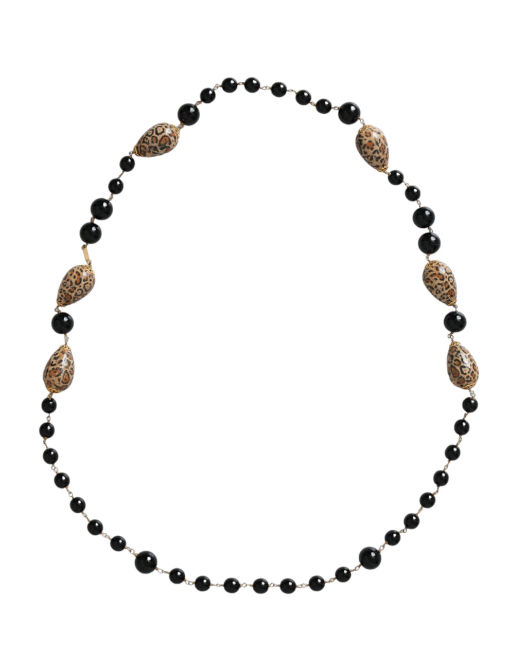 Dolce & Gabbana - Gold Tone Brass Black Printed Beaded Long Chain Necklace