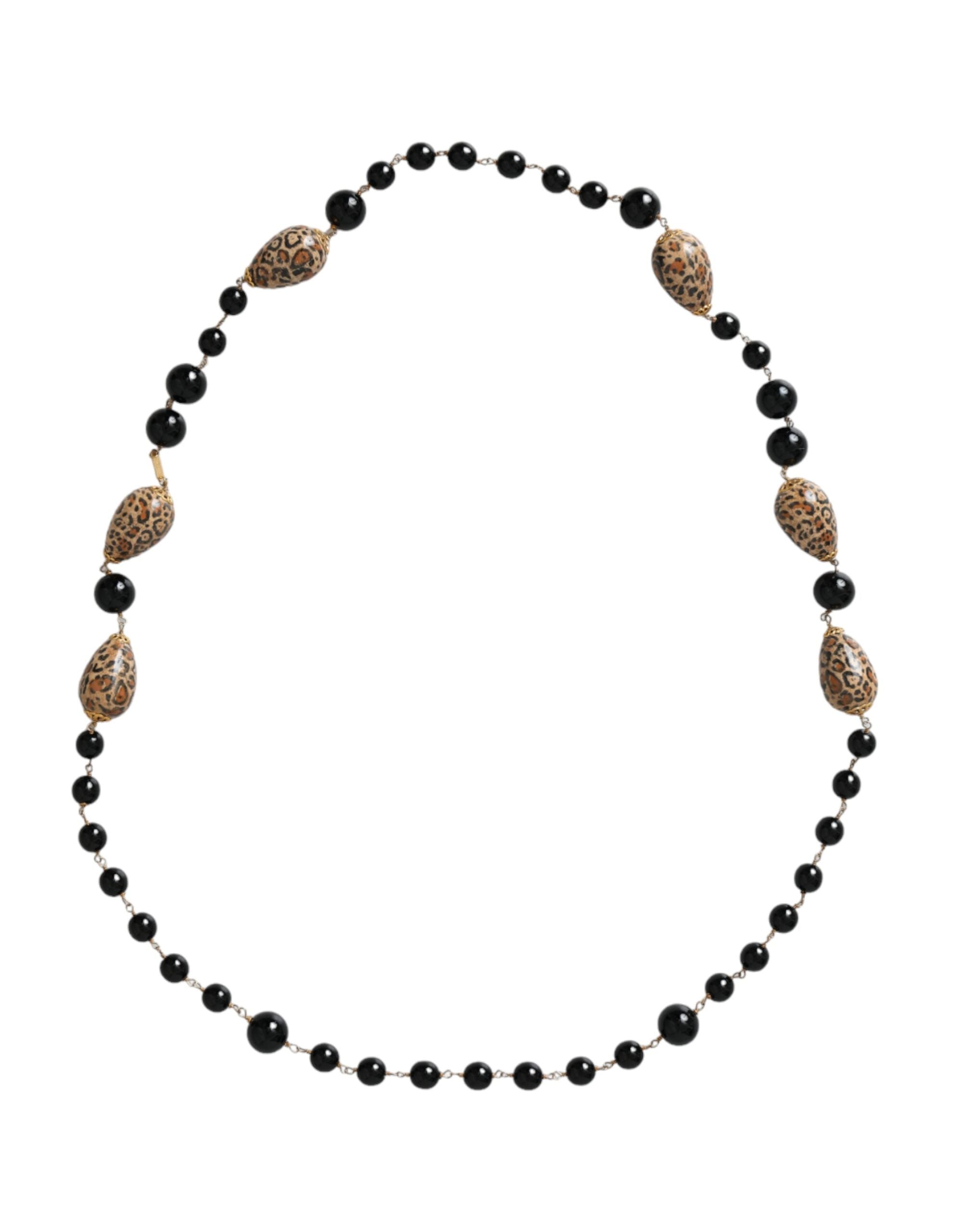 Dolce & Gabbana - Gold Tone Brass Black Printed Beaded Long Chain Necklace
