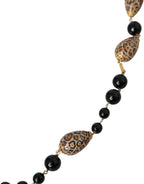 Dolce & Gabbana - Gold Tone Brass Black Printed Beaded Long Chain Necklace