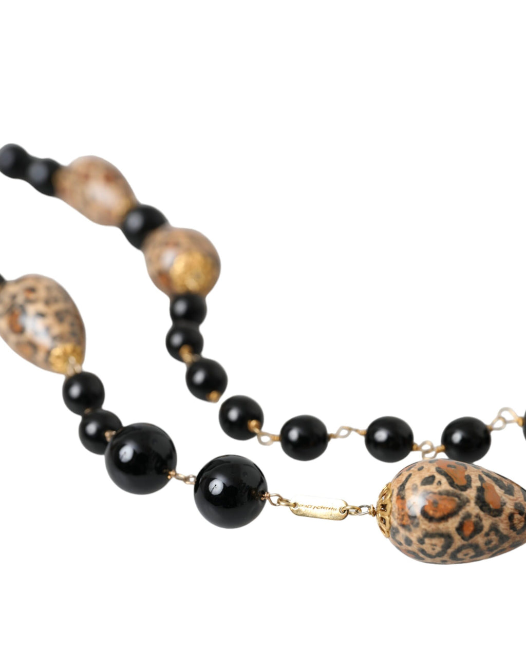 Dolce & Gabbana - Gold Tone Brass Black Printed Beaded Long Chain Necklace