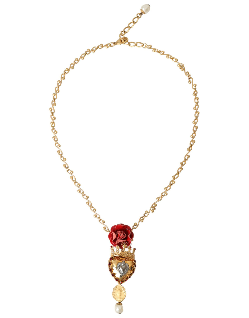 Dolce & Gabbana - Gold BrassChain Sacred Heart Rose Crystal Charm Necklace