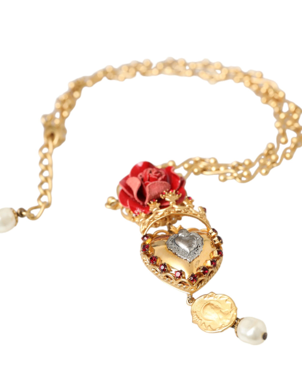 Dolce & Gabbana - Gold BrassChain Sacred Heart Rose Crystal Charm Necklace