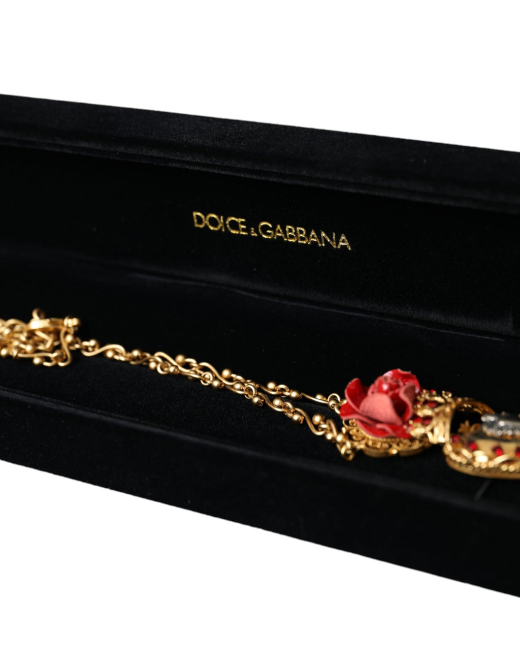 Dolce & Gabbana - Gold BrassChain Sacred Heart Rose Crystal Charm Necklace