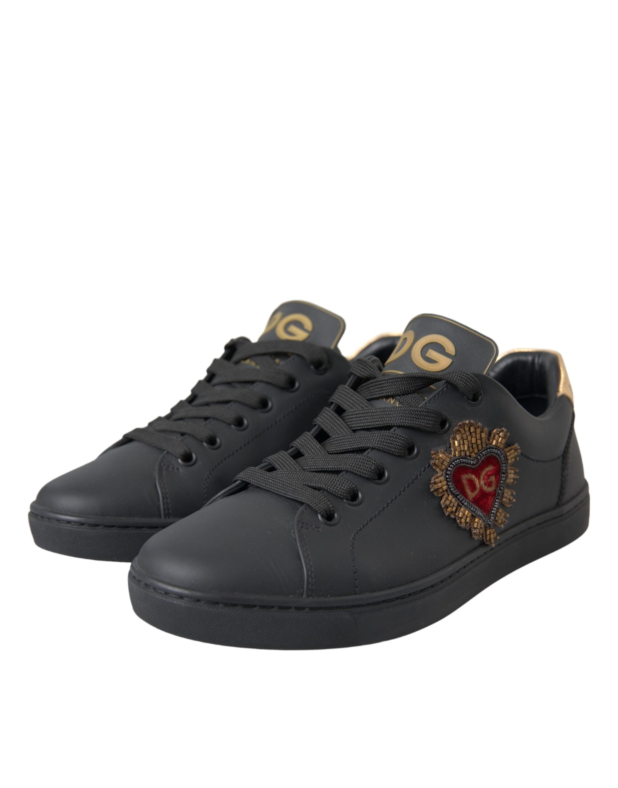 Dolce & Gabbana – Black Leather Heart Embellished Sneakers