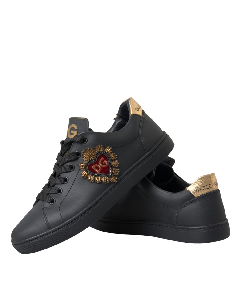 Dolce & Gabbana – Black Leather Heart Embellished Sneakers
