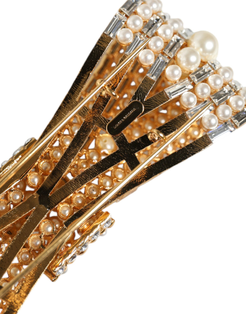 Dolce & Gabbana - Gold Tone Brass Bow Crystal FauxPearl Embellished Brooch