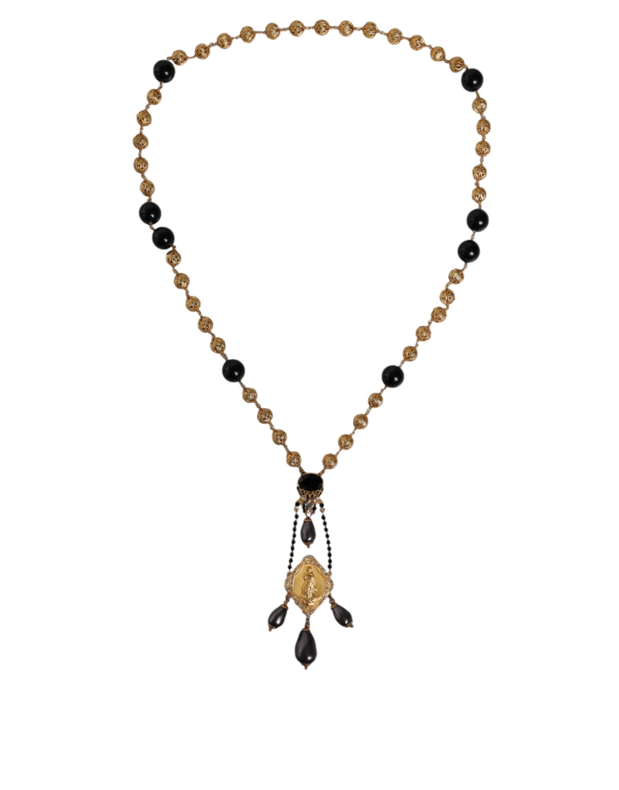Dolce & Gabbana - Gold Chain Brass Black Beaded Rosary Style Necklace