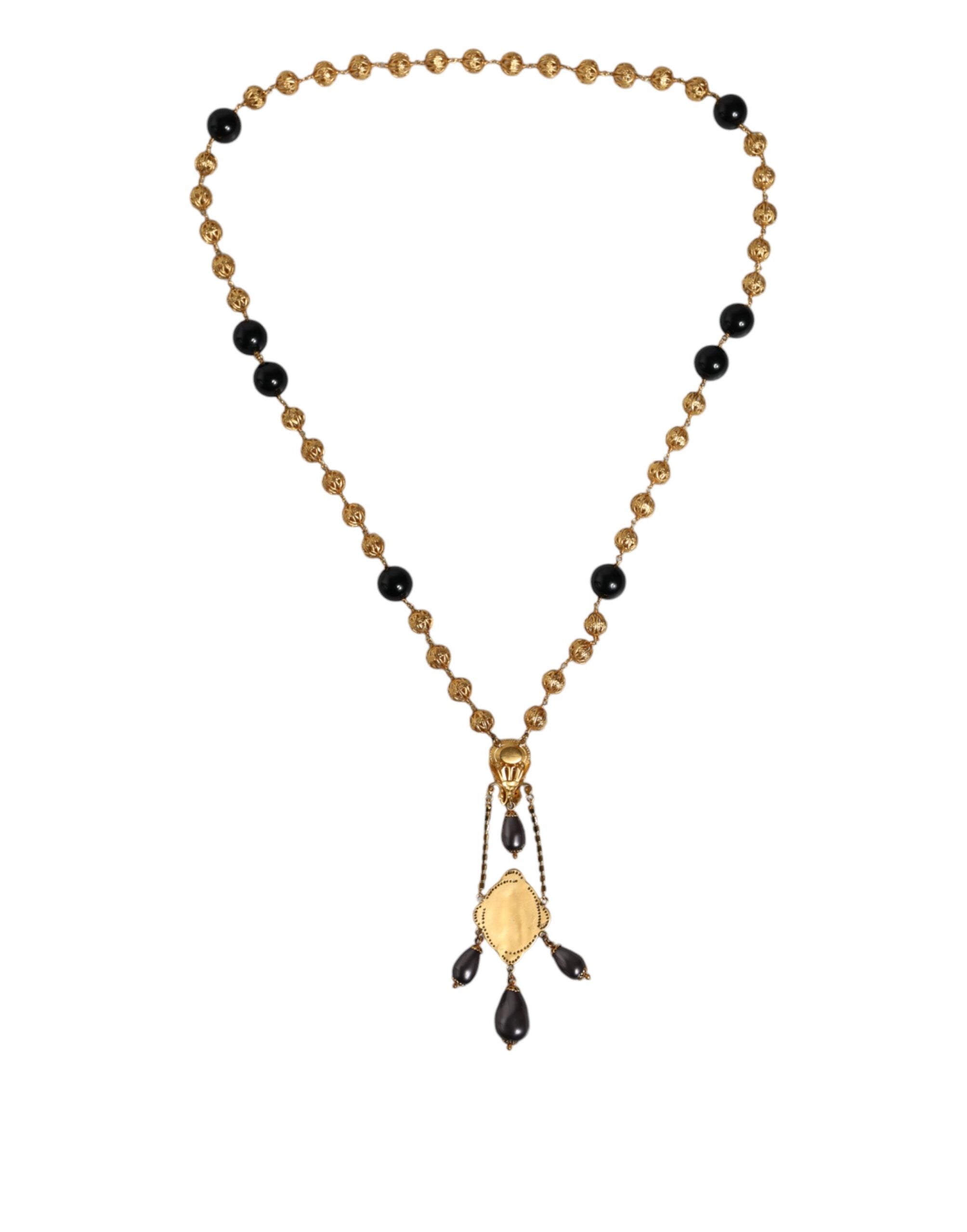 Dolce & Gabbana - Gold Chain Brass Black Beaded Rosary Style Necklace