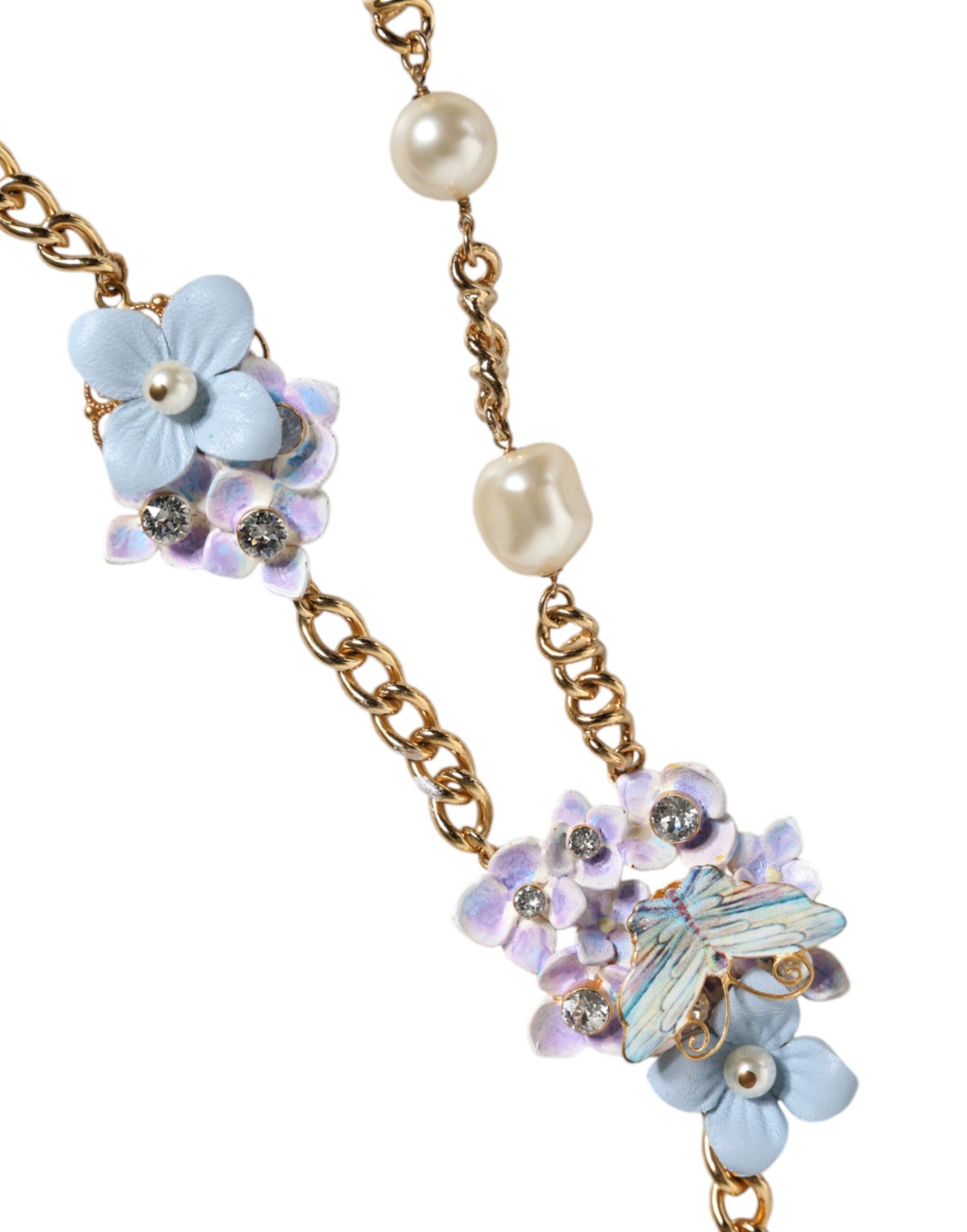 Dolce & Gabbana - Gold Chain Brass Floral Layered Crystal Pearl Necklace
