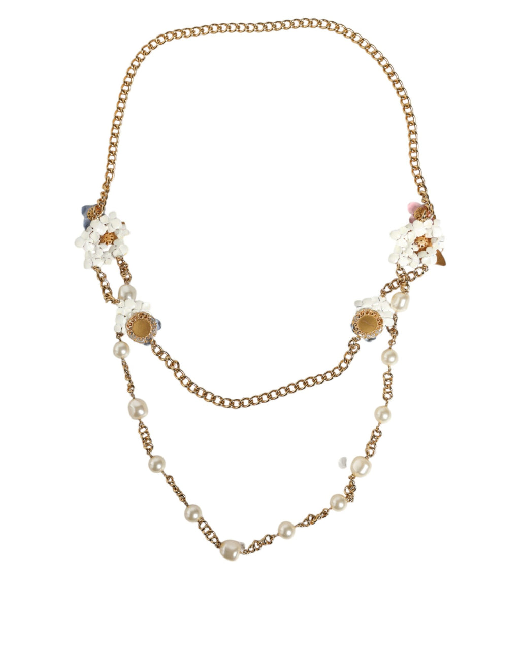 Dolce & Gabbana - Gold Chain Brass Floral Layered Crystal Pearl Necklace