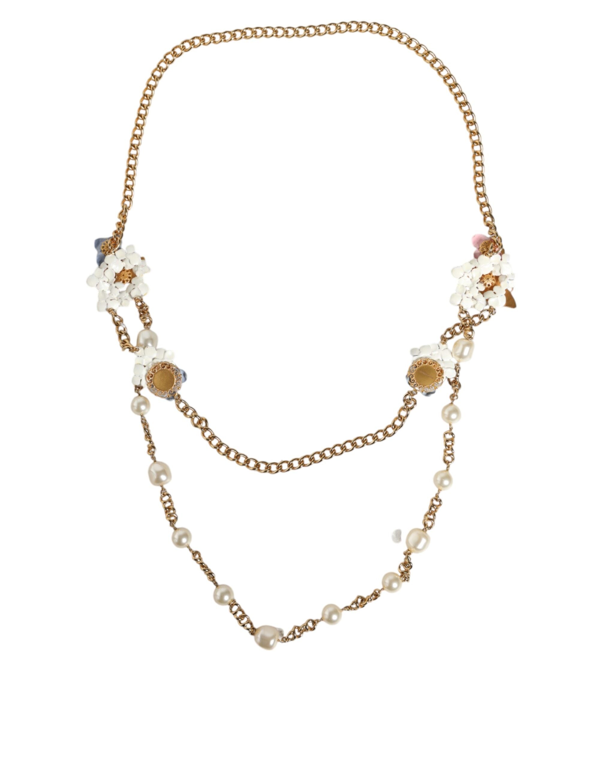 Dolce & Gabbana - Gold Chain Brass Floral Layered Crystal Pearl Necklace