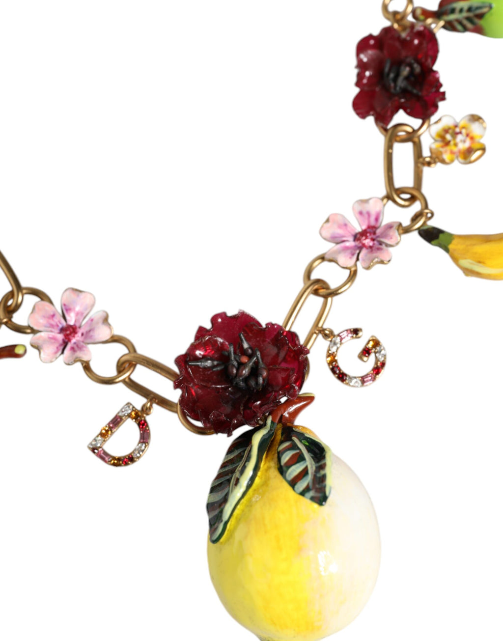 Dolce & Gabbana - Gold Brass FRUIT Pendants Flowers Crystal Logo Necklace