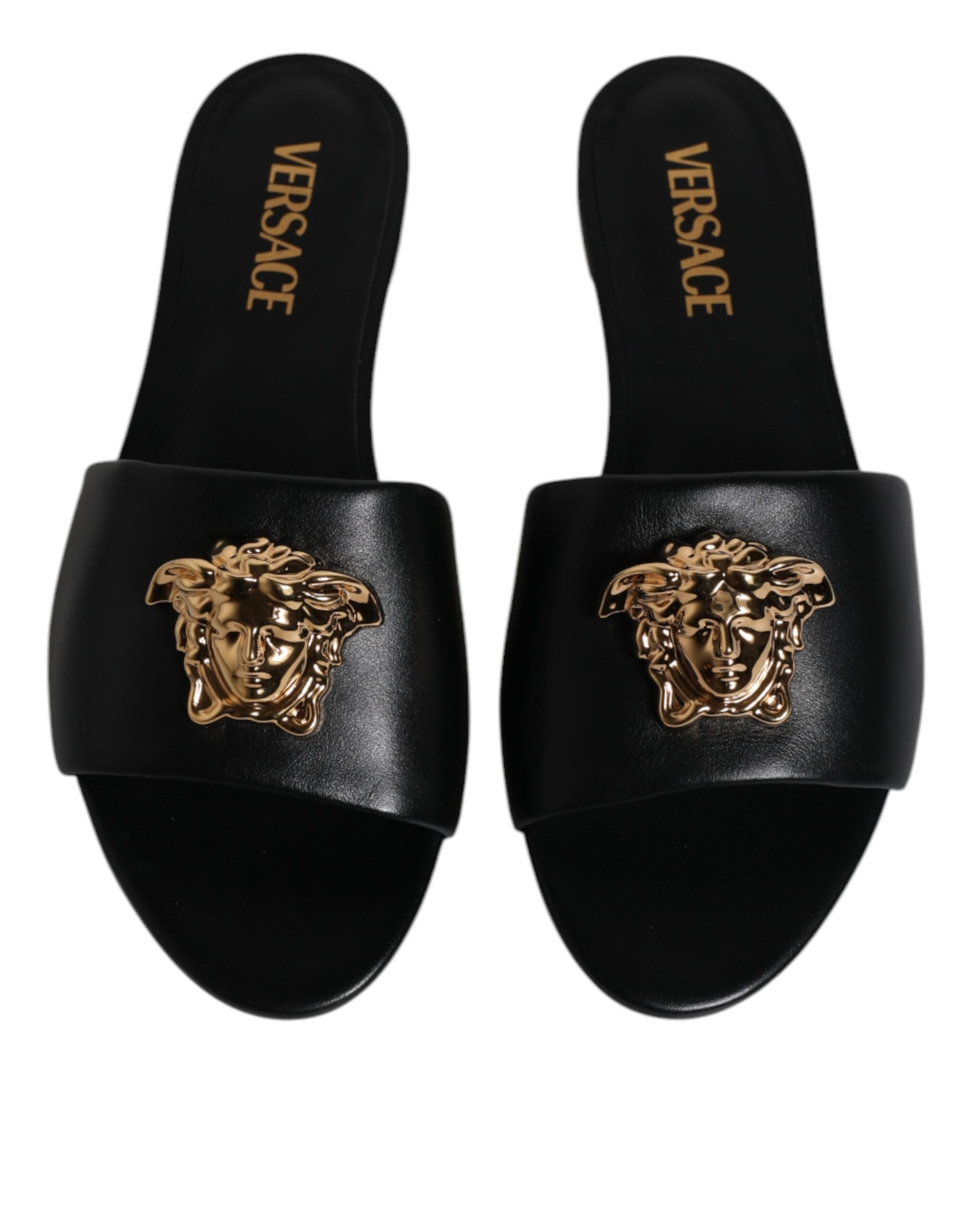 Versace – Black Leather Open Toe Slides