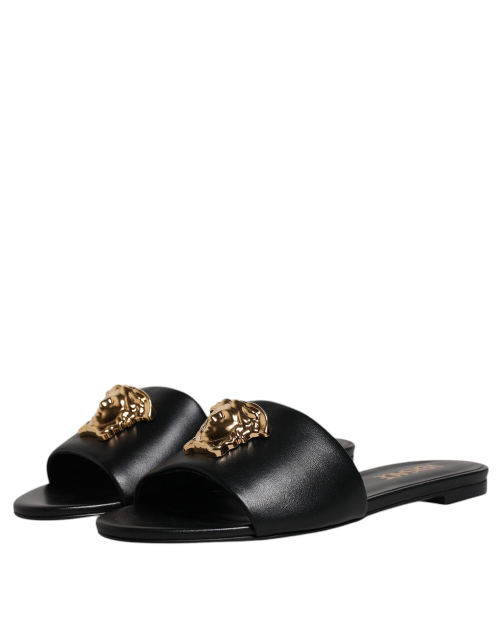 Versace – Black Leather Open Toe Slides
