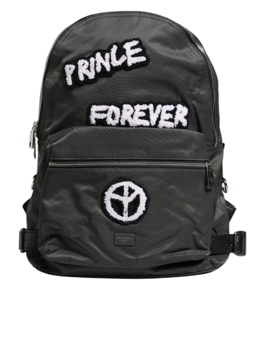 Black backpack with 'Prince Forever' text and logo on a white background