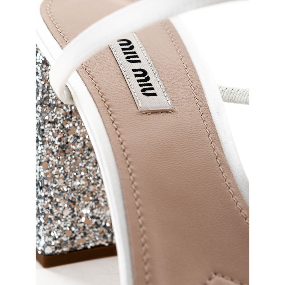 Miu Miu – White Silk Sandals with Glitter Heel