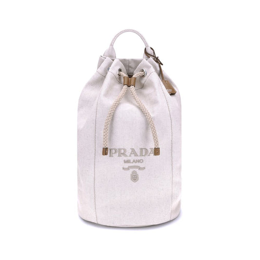 White drawstring bag with gold accents and 'Prada' branding on a white background