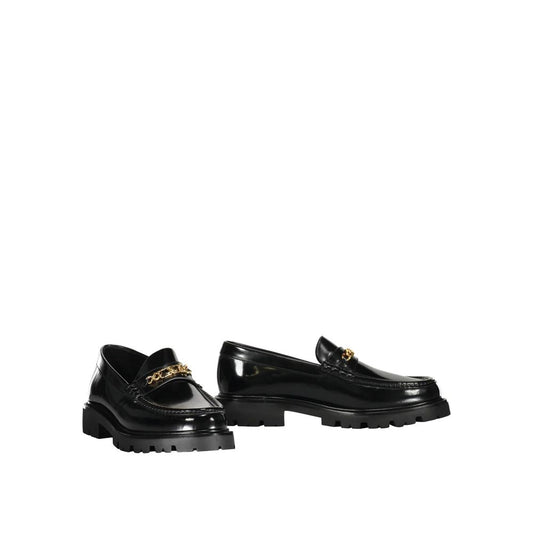 Celine – Black Leather Loafers with Gold Logo Emblem