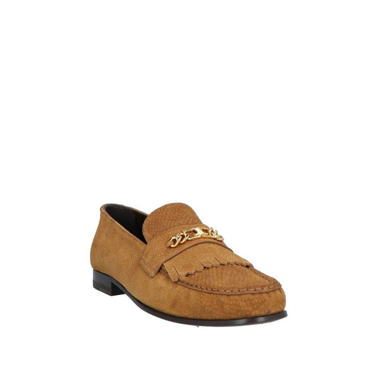 Celine – Brown Suede Triomphe Fringed Loafers with Gold Buckle