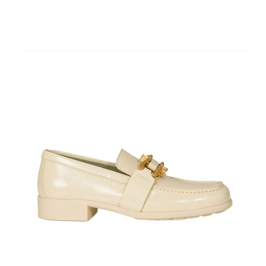 Bottega Veneta – Beige Monsieur Leather Loafers with Gold Buckle
