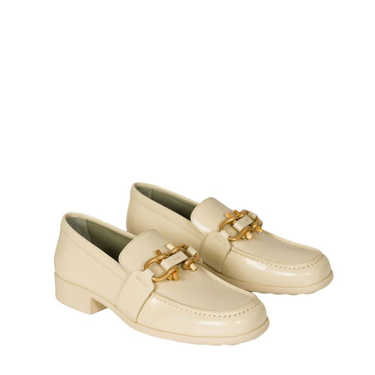 Bottega Veneta – Beige Monsieur Leather Loafers with Gold Buckle