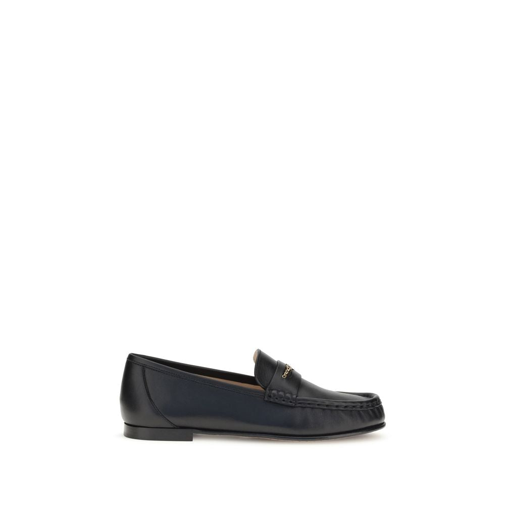 Chloé – Black Leather Loafers with Gold Chain Logo
