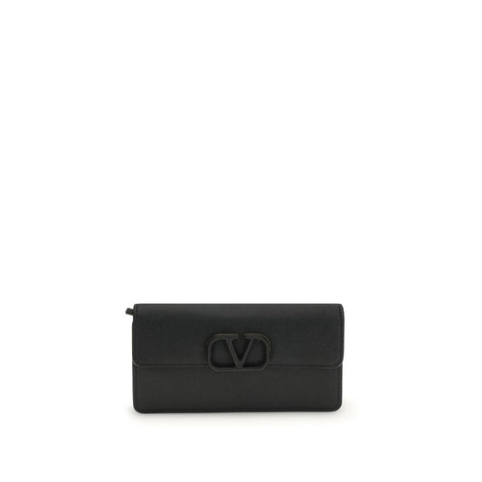 Black clutch bag with a logo on a white background