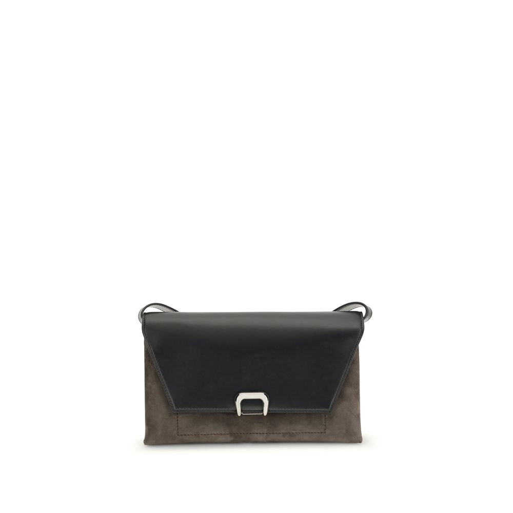 Two-tone handbag with a black top section and brown bottom section on a white background