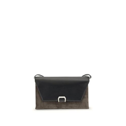 Two-tone handbag with a black top section and brown bottom section on a white background