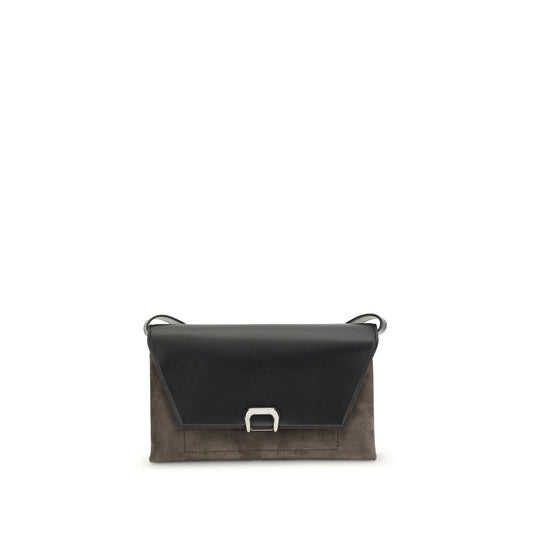 Two-tone handbag with a black top section and brown bottom section on a white background