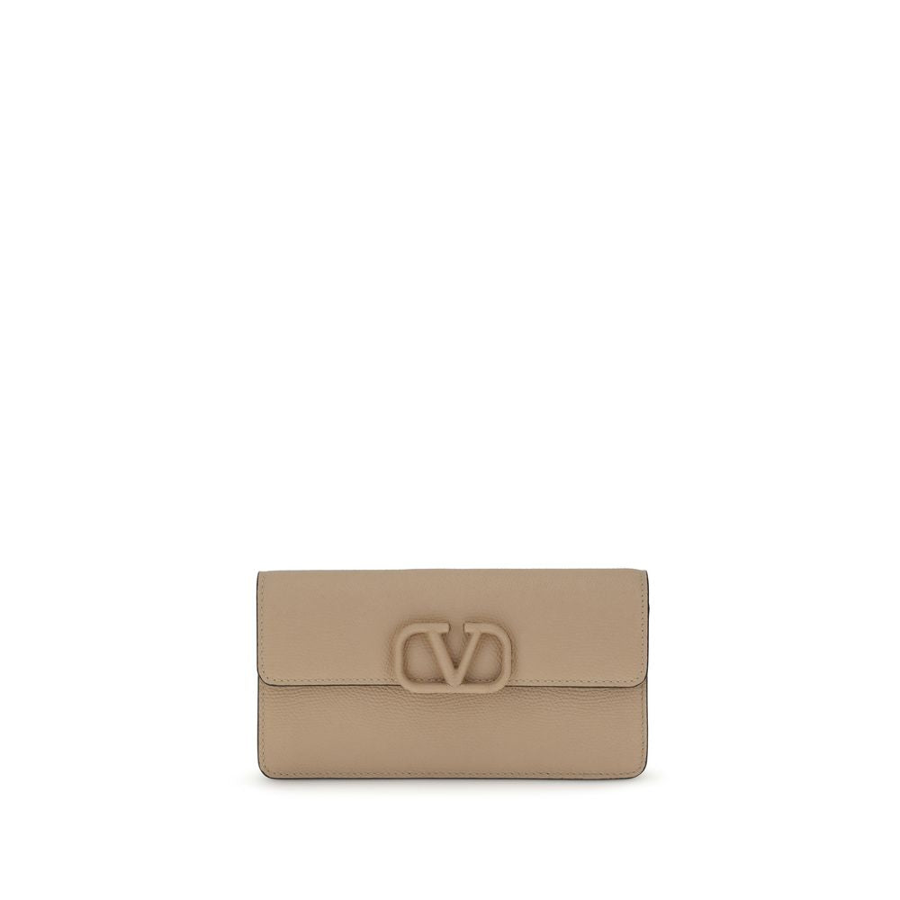Beige wallet with a brand logo on a white background