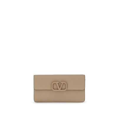 Beige wallet with a brand logo on a white background