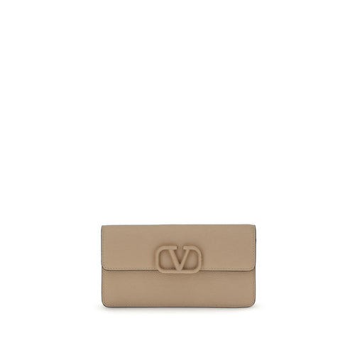 Beige wallet with a brand logo on a white background