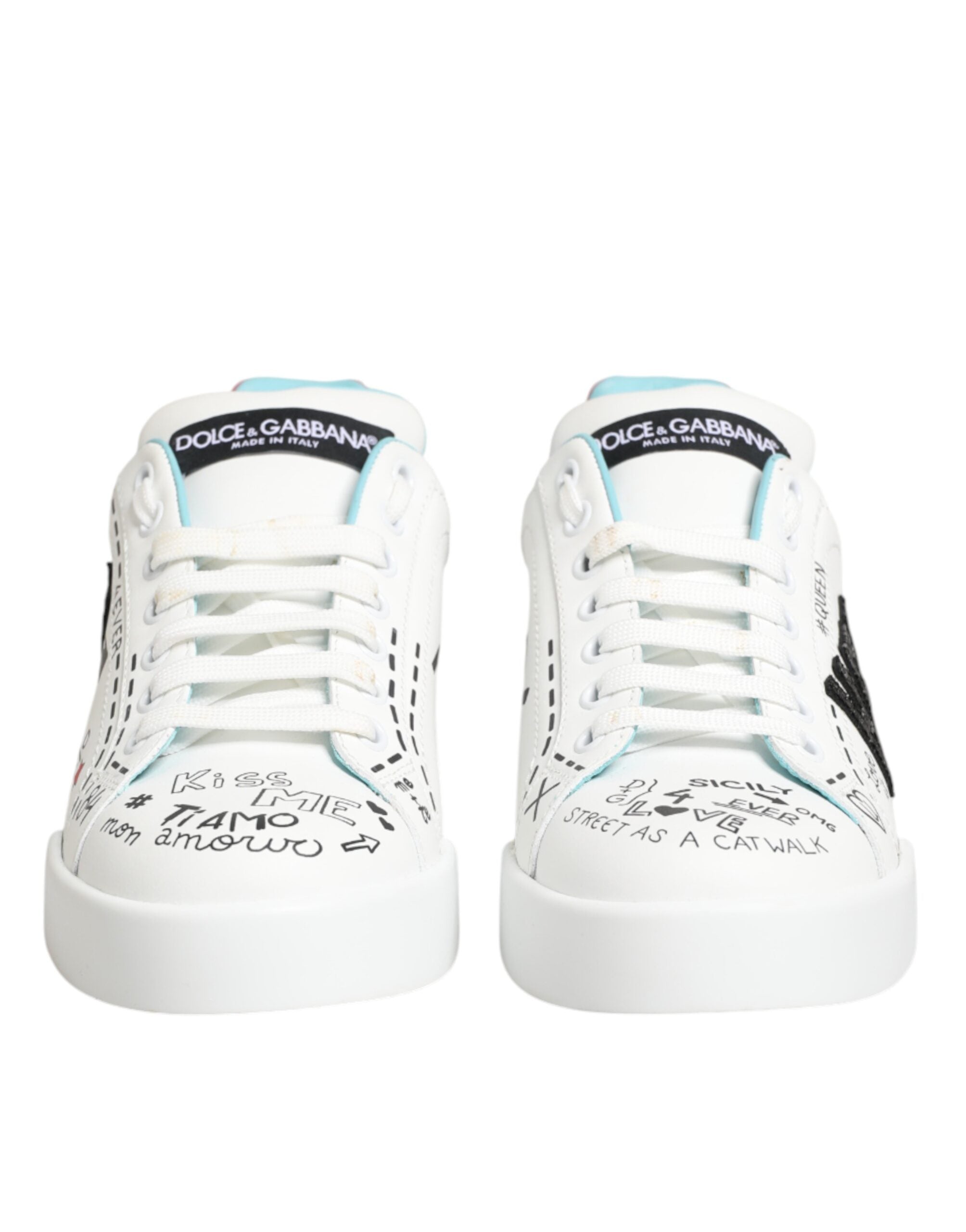 Dolce & Gabbana - White Leather Graffiti Low Top Sneakers Shoes