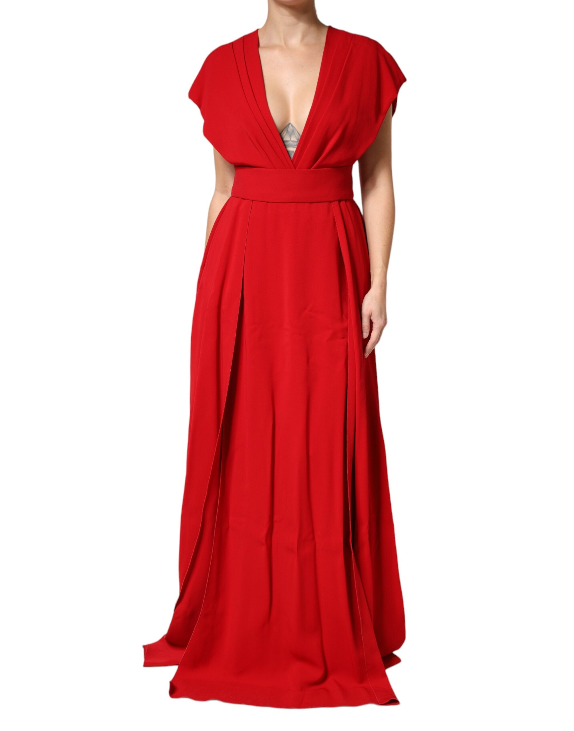 Dolce & Gabbana - Red Viscose Plunging Neckline Long Maxi Dress