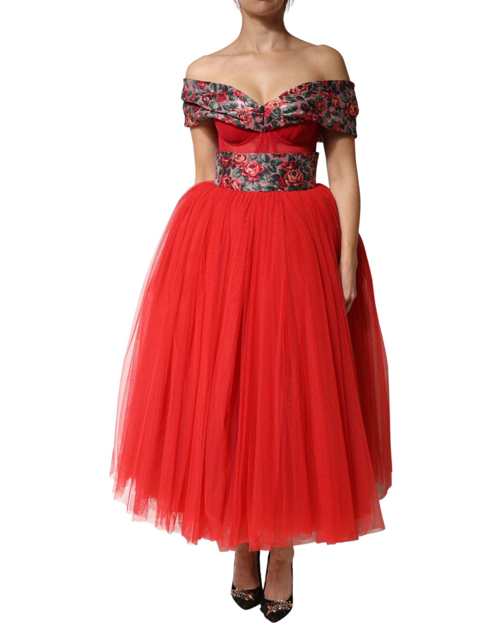 Dolce & Gabbana - Red Floral Off Shoulder A-line Gown Dress