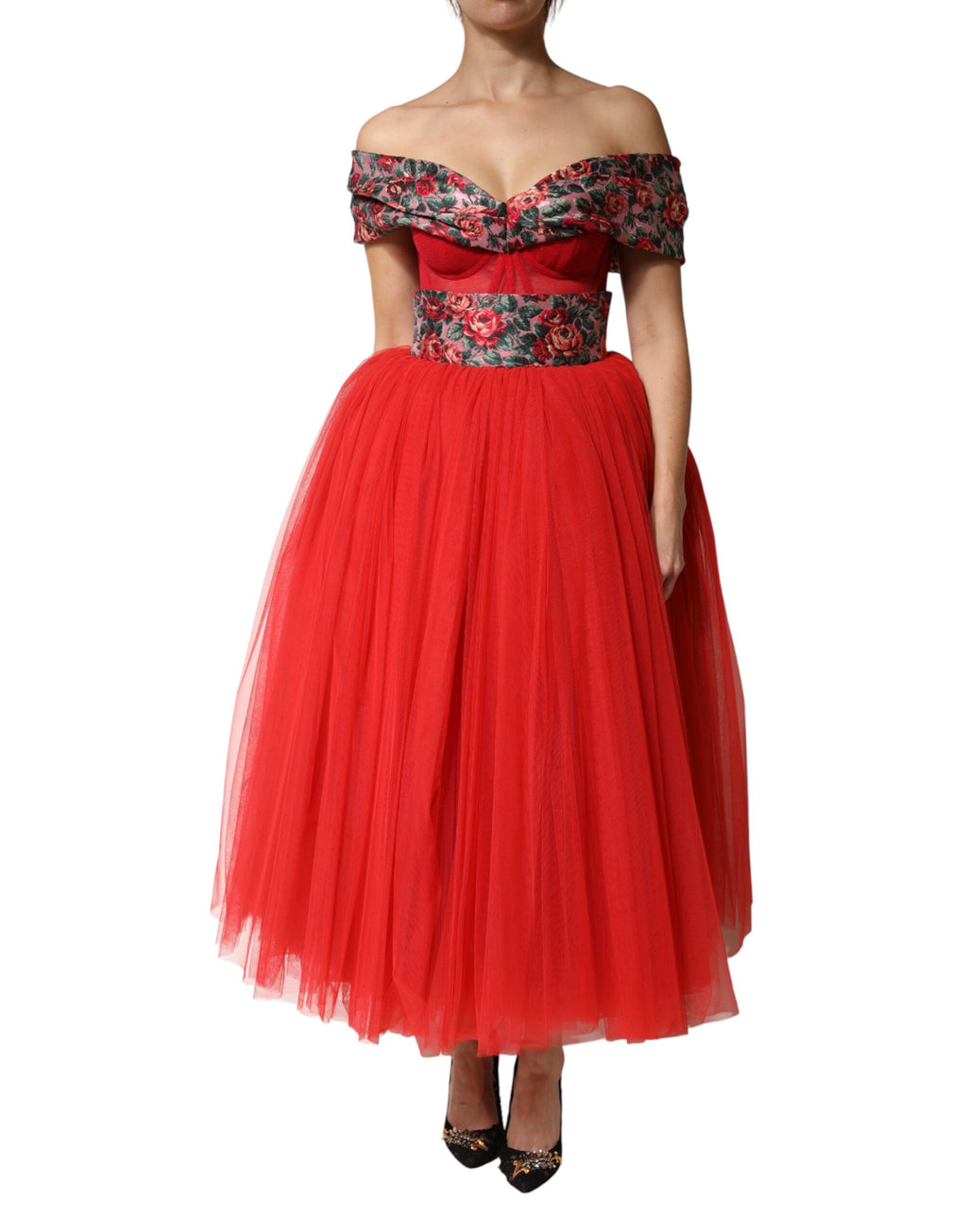 Dolce & Gabbana - Red Floral Off Shoulder A-line Gown Dress