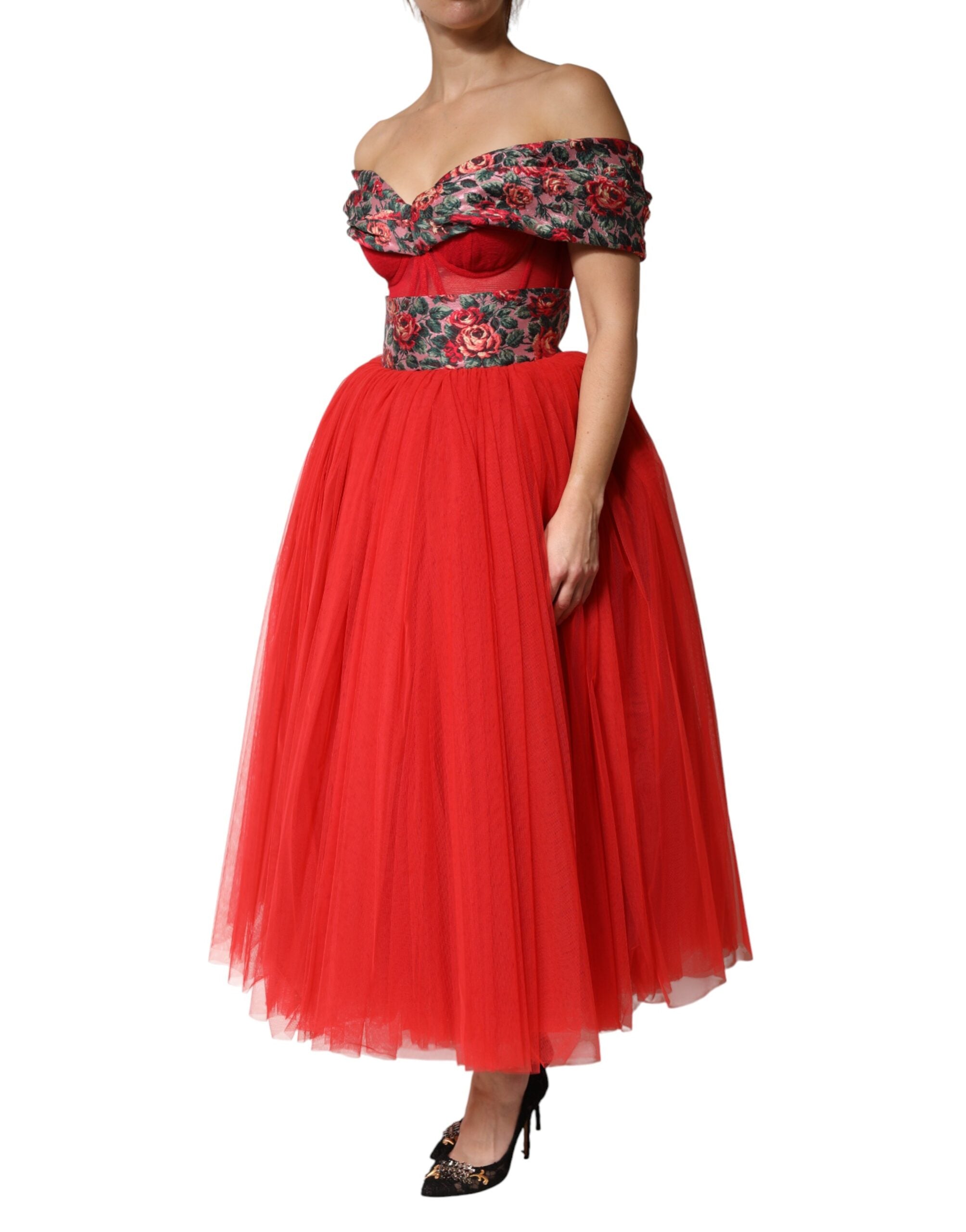 Dolce & Gabbana - Red Floral Off Shoulder A-line Gown Dress