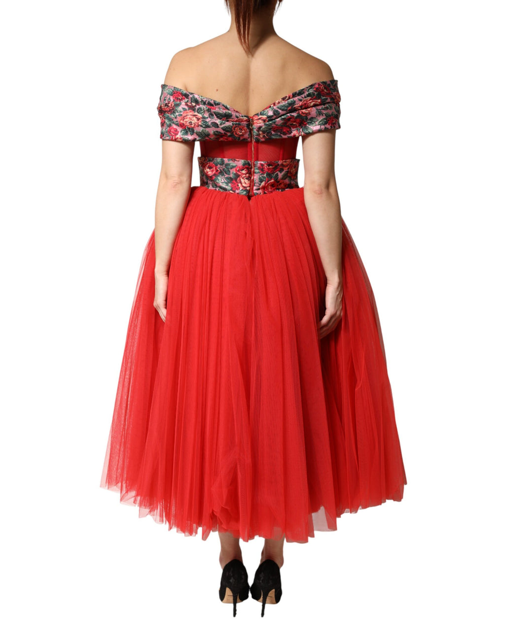 Dolce & Gabbana - Red Floral Off Shoulder A-line Gown Dress