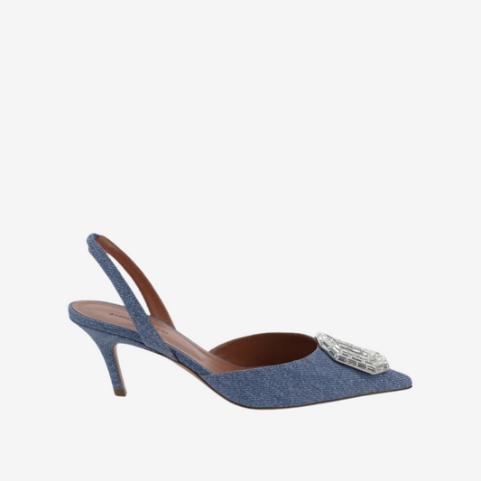 Amina Muaddi – Camelia 60 Printed Denim Slingback Pumps