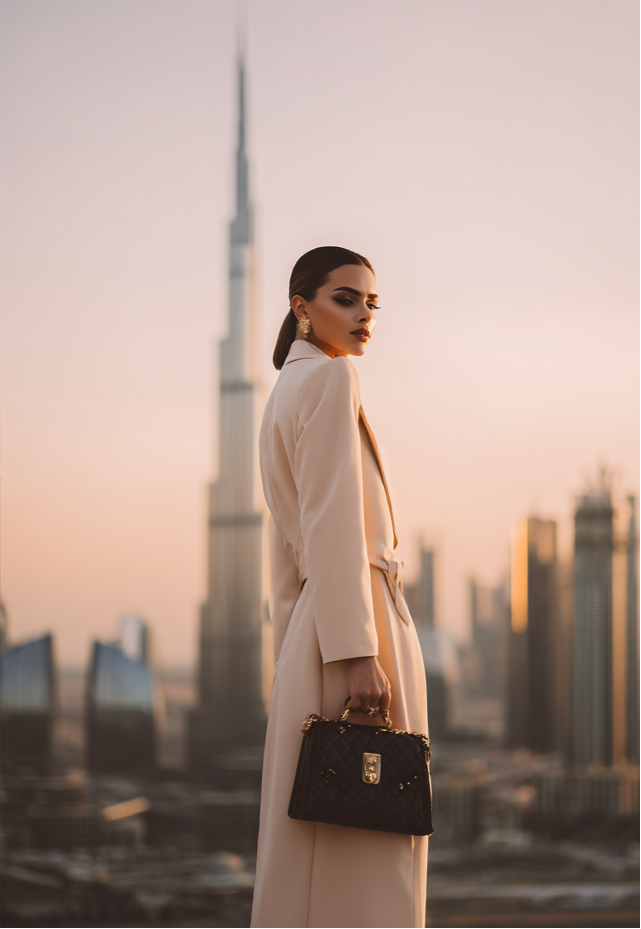 Woman in a long beige coat standing on a rooftop with city skyline in the background